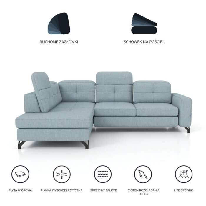 Narożnik Velano L – Elegancki narożnik rozkładany z&nbsp;funkcją spania 130x195cm